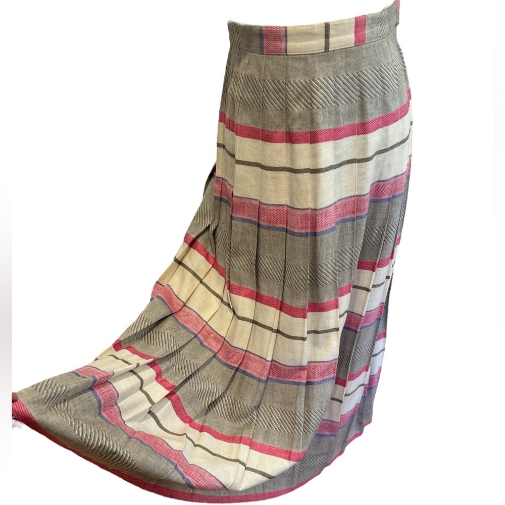70s NUONS LINEN BLEND TAUPE PINK & CREAM WIDE STRIPE PLEATED MIDI SKIRT SZ S